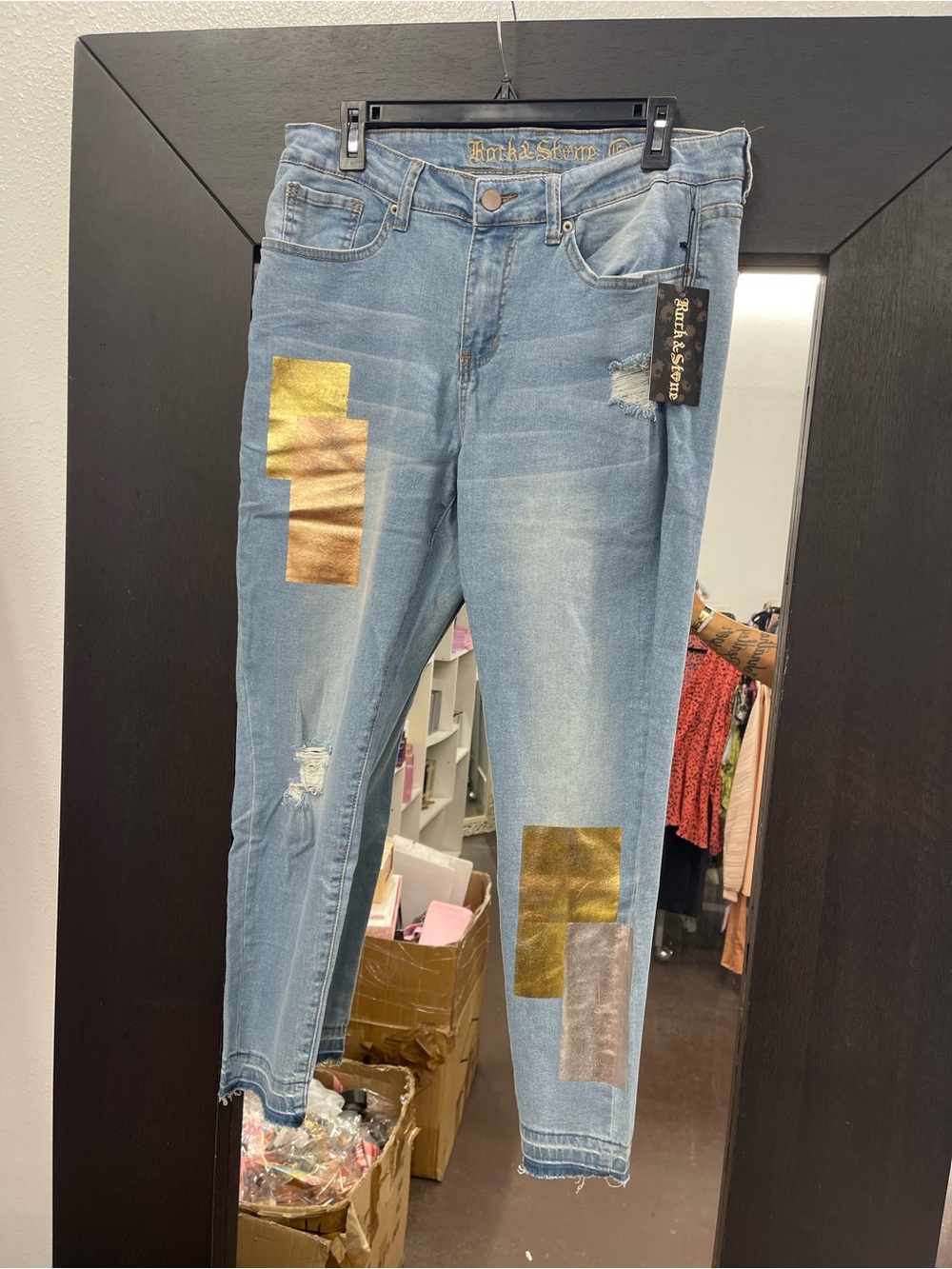 Women's Light Wash Skinny Jeans with Metallic Patches